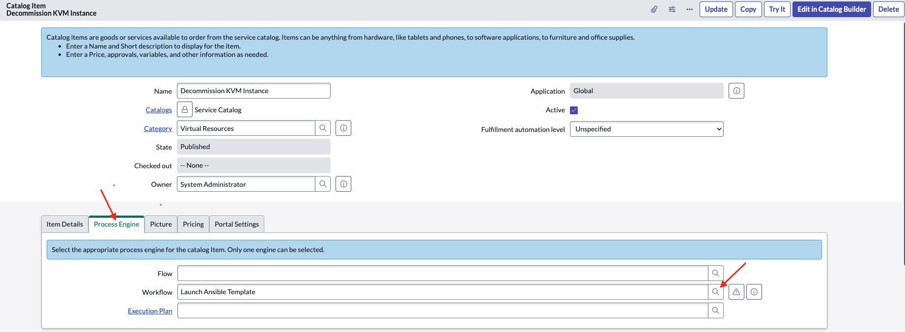 Set Up Catalog Item Process Engine